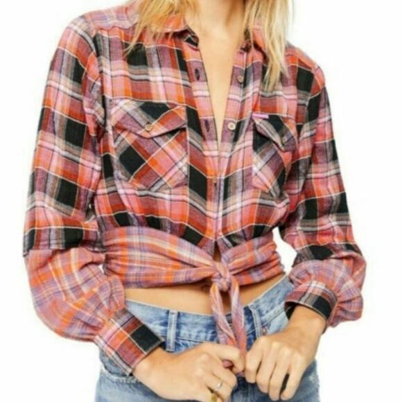 We The Free Tops - Free People We The Free Pink Orange Plaid Tie Front Western Shirt Medium